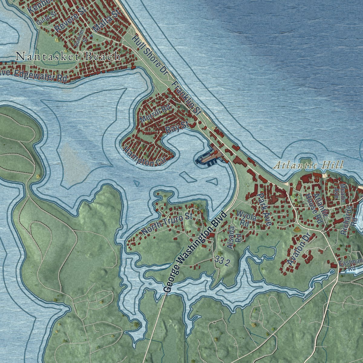 Close-up of the map of Hull, Massachusetts print showing street and building detail