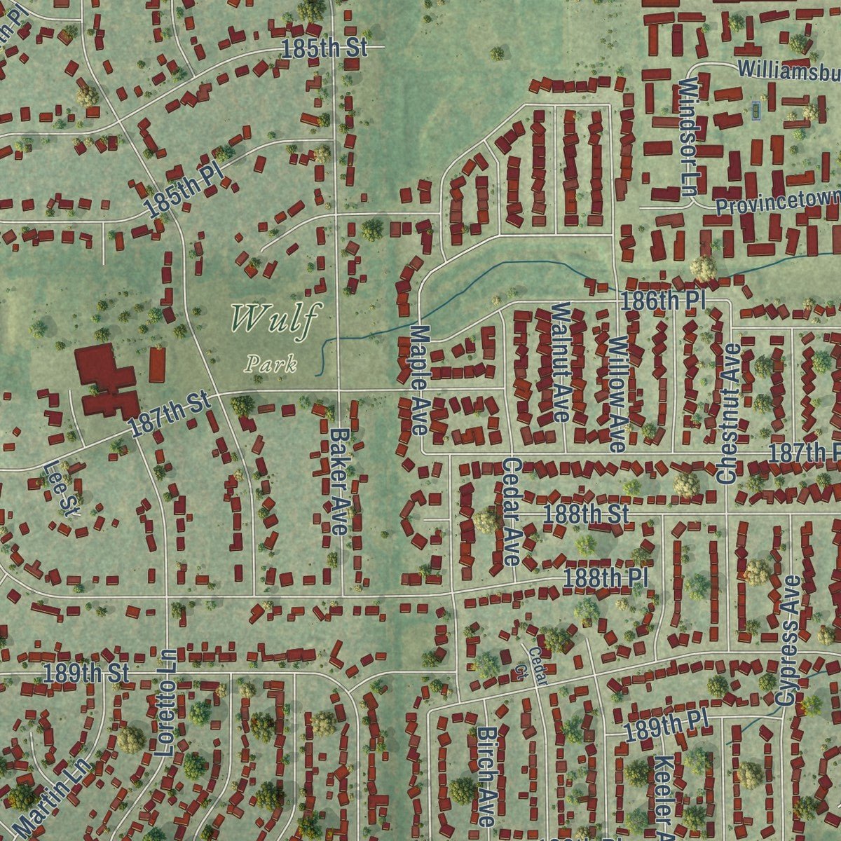 Close-up of the map of Country Club Hills, Illinois print showing street and building detail