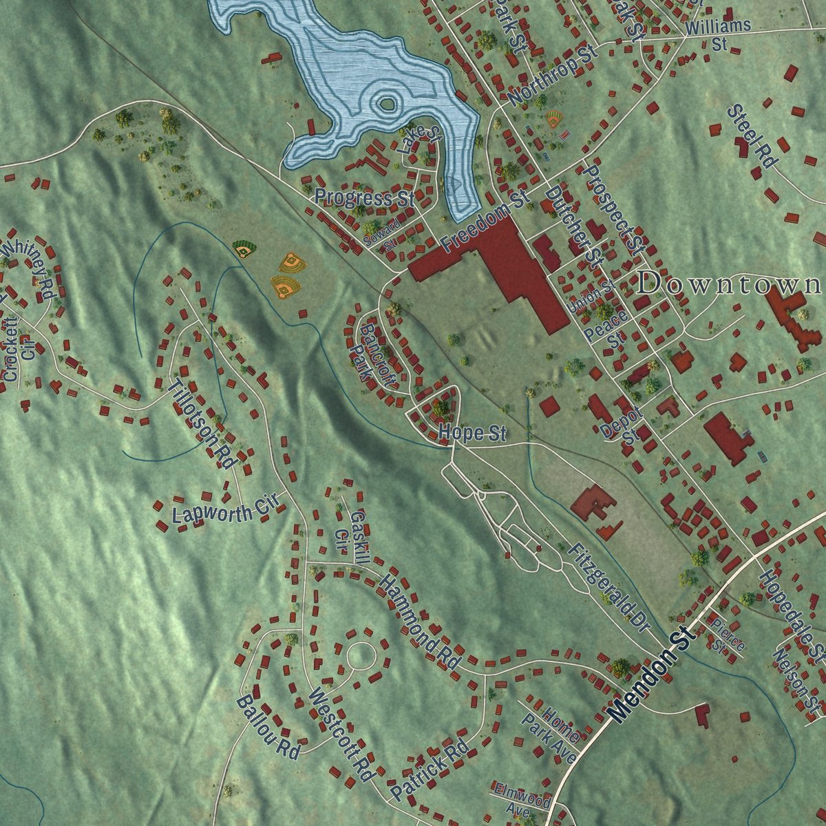 Close-up of the map of Hopedale, Massachusetts print showing street and building detail