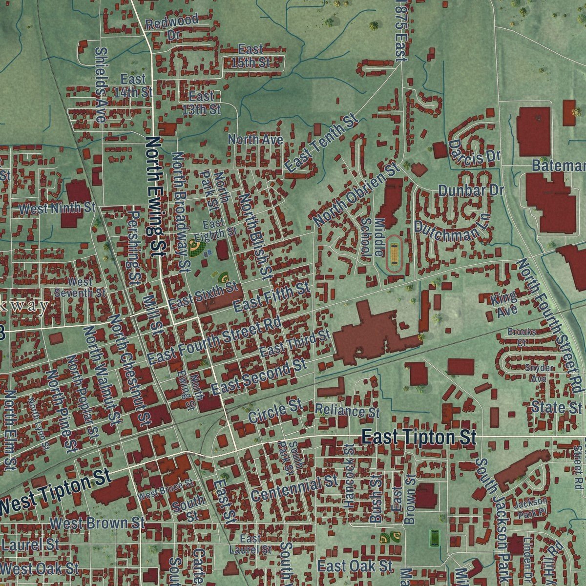 Close-up of the map of Seymour, Indiana print showing street and building detail