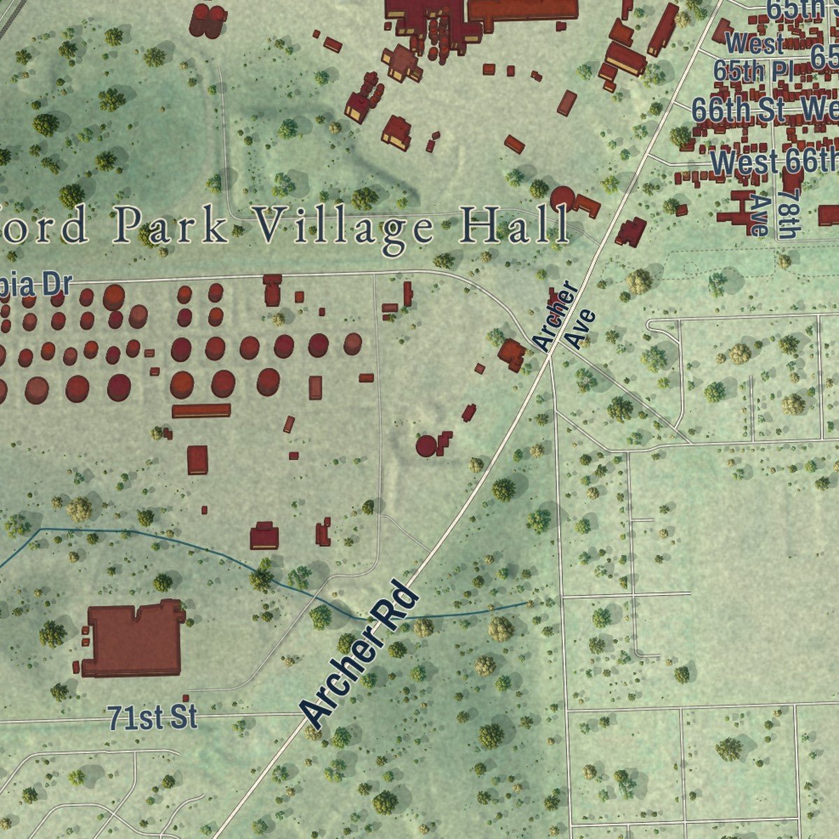 Close-up of the map of Bedford Park, Illinois print showing street and building detail