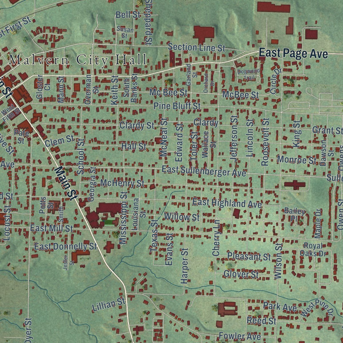 Close-up of the map of Malvern, Arkansas print showing street and building detail