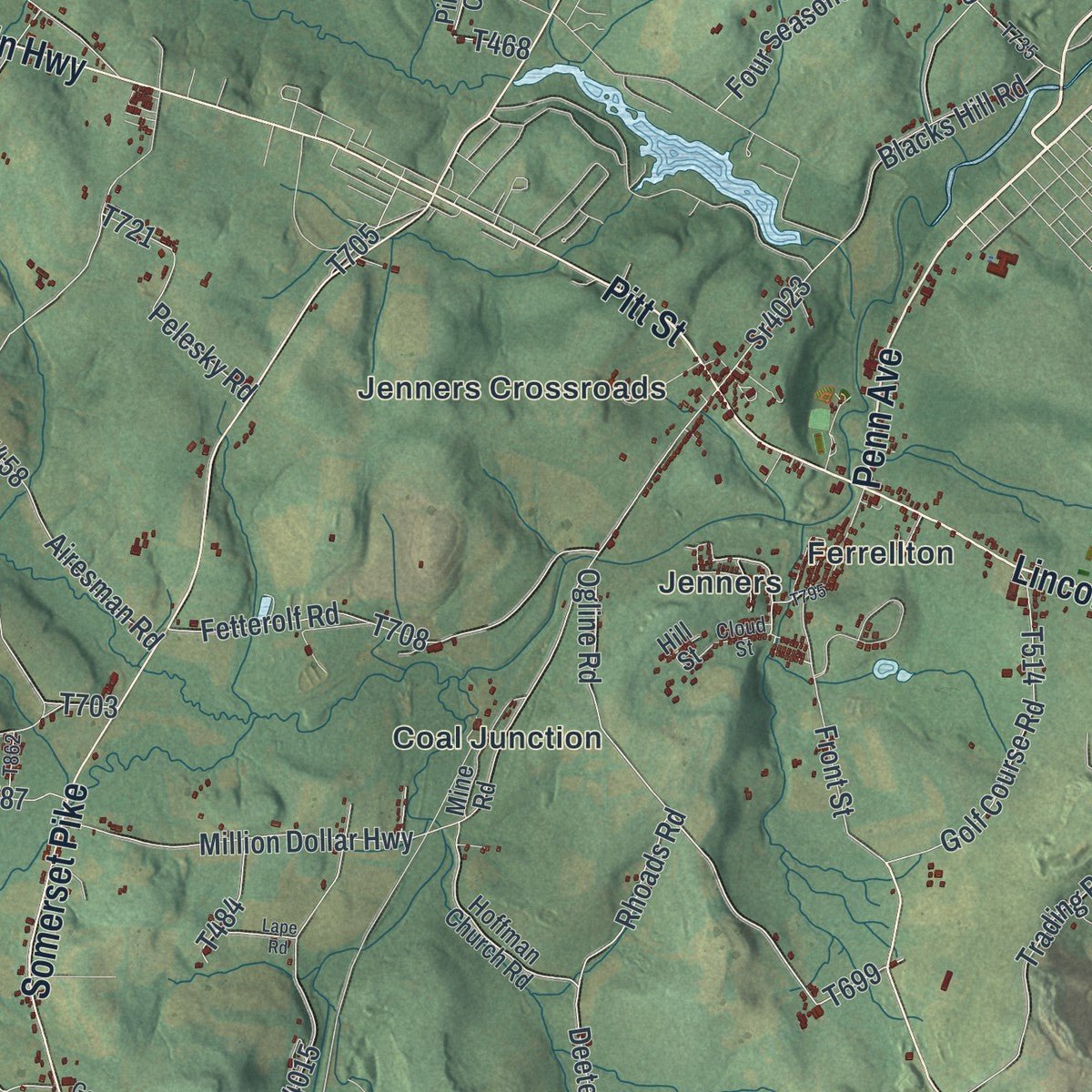 Close-up of the map of Jenner, Pennsylvania print showing street and building detail