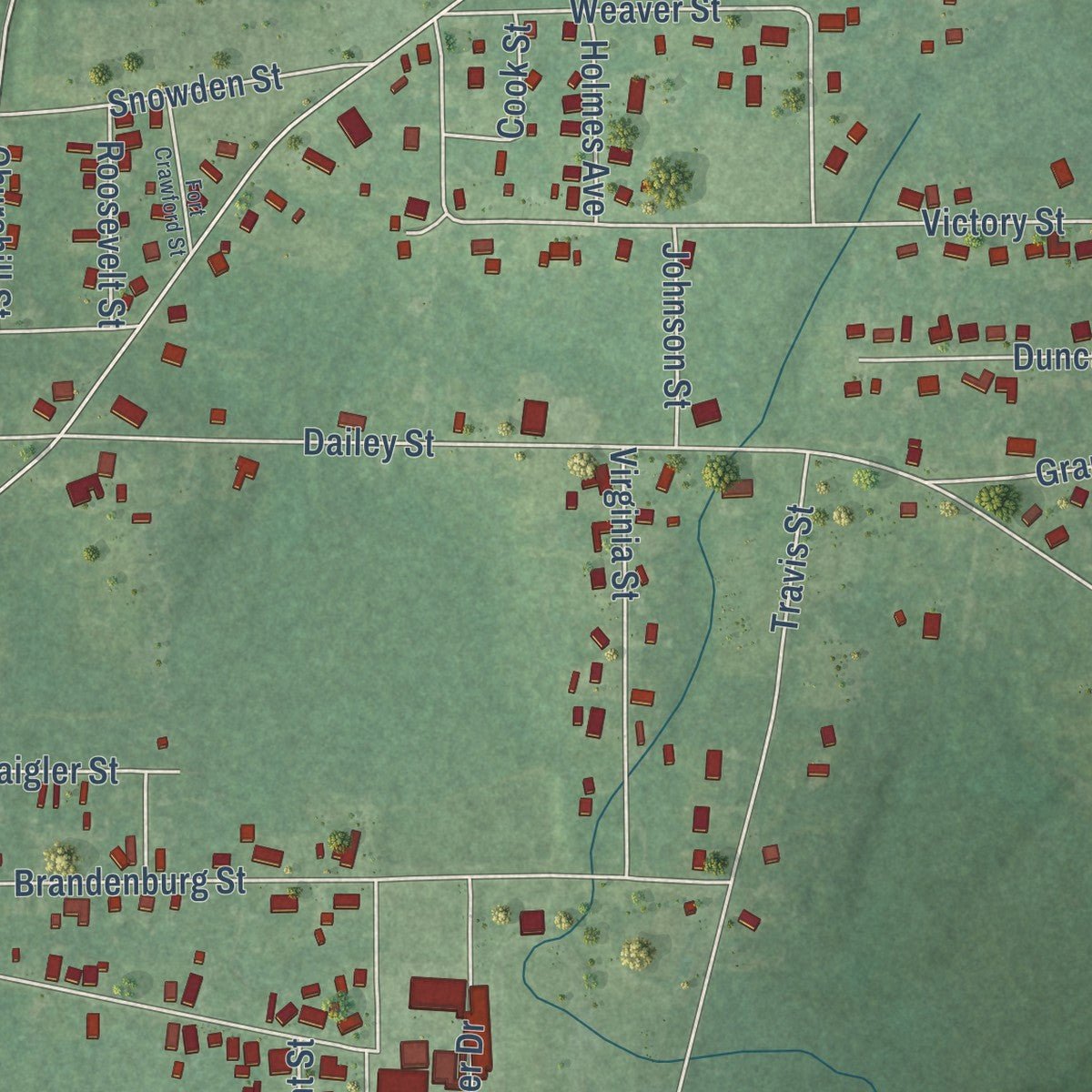 Close-up of the map of East Brewton, Alabama print showing street and building detail