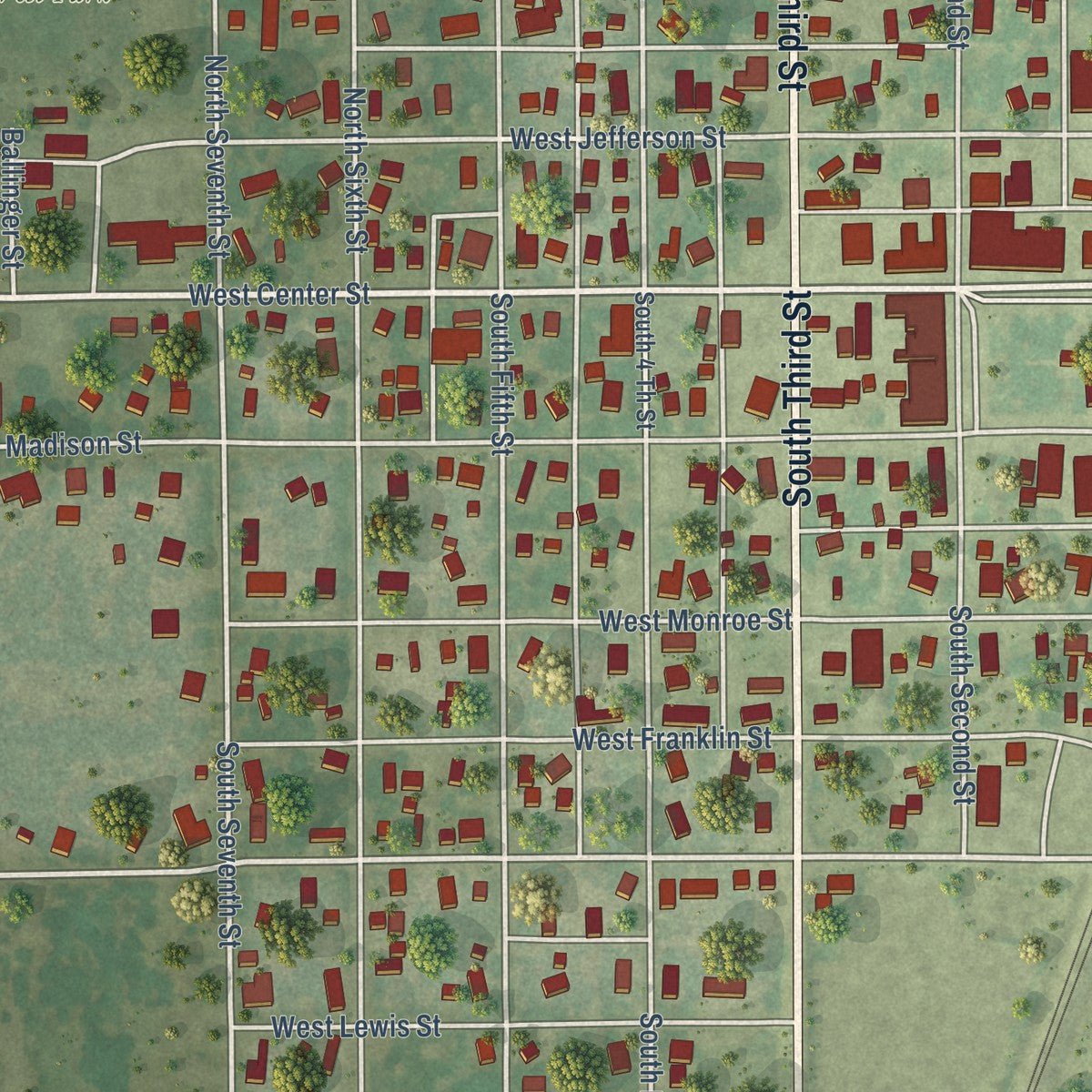 Close-up of the map of Girard, Illinois print showing street and building detail