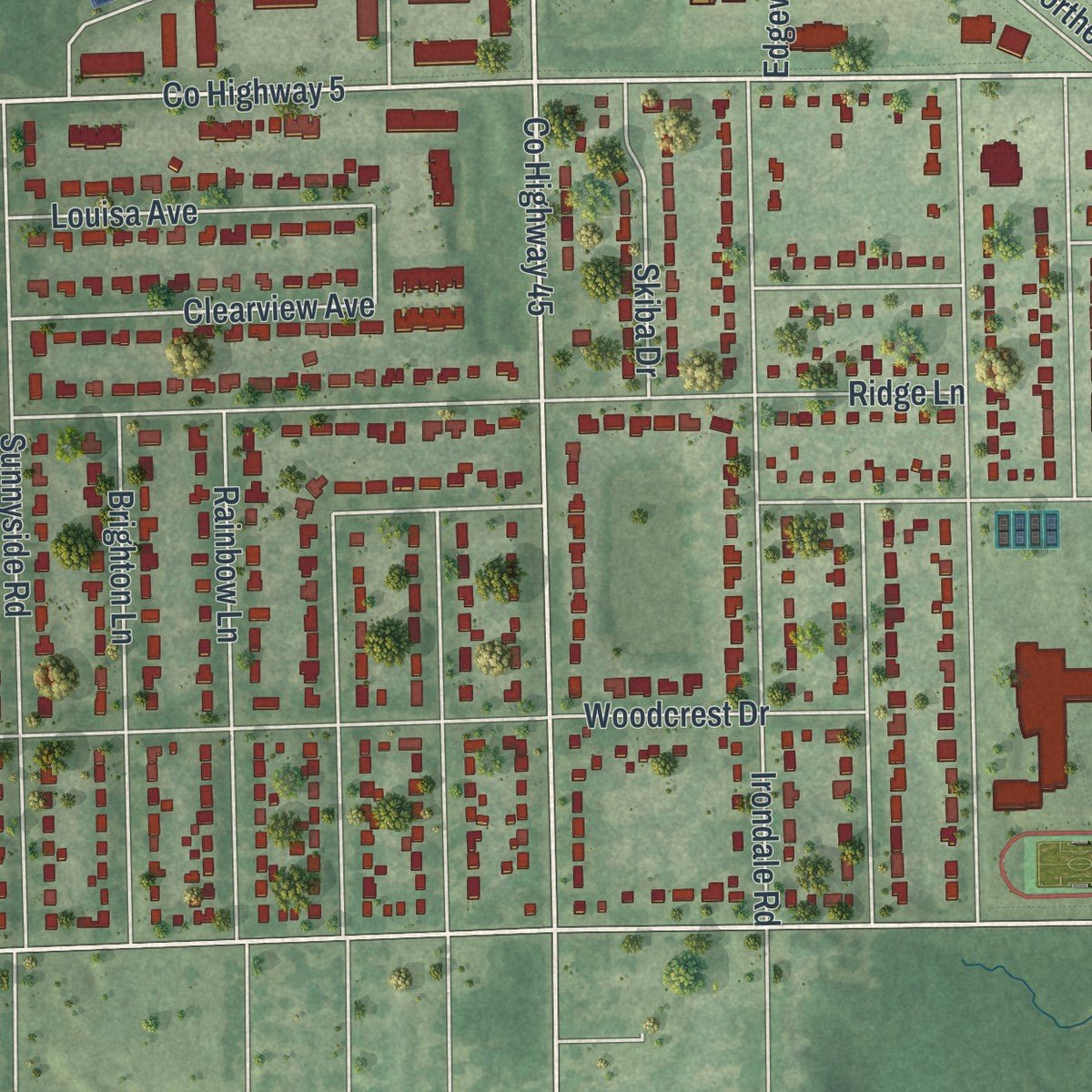 Close-up of the map of Mounds View, Minnesota print showing street and building detail