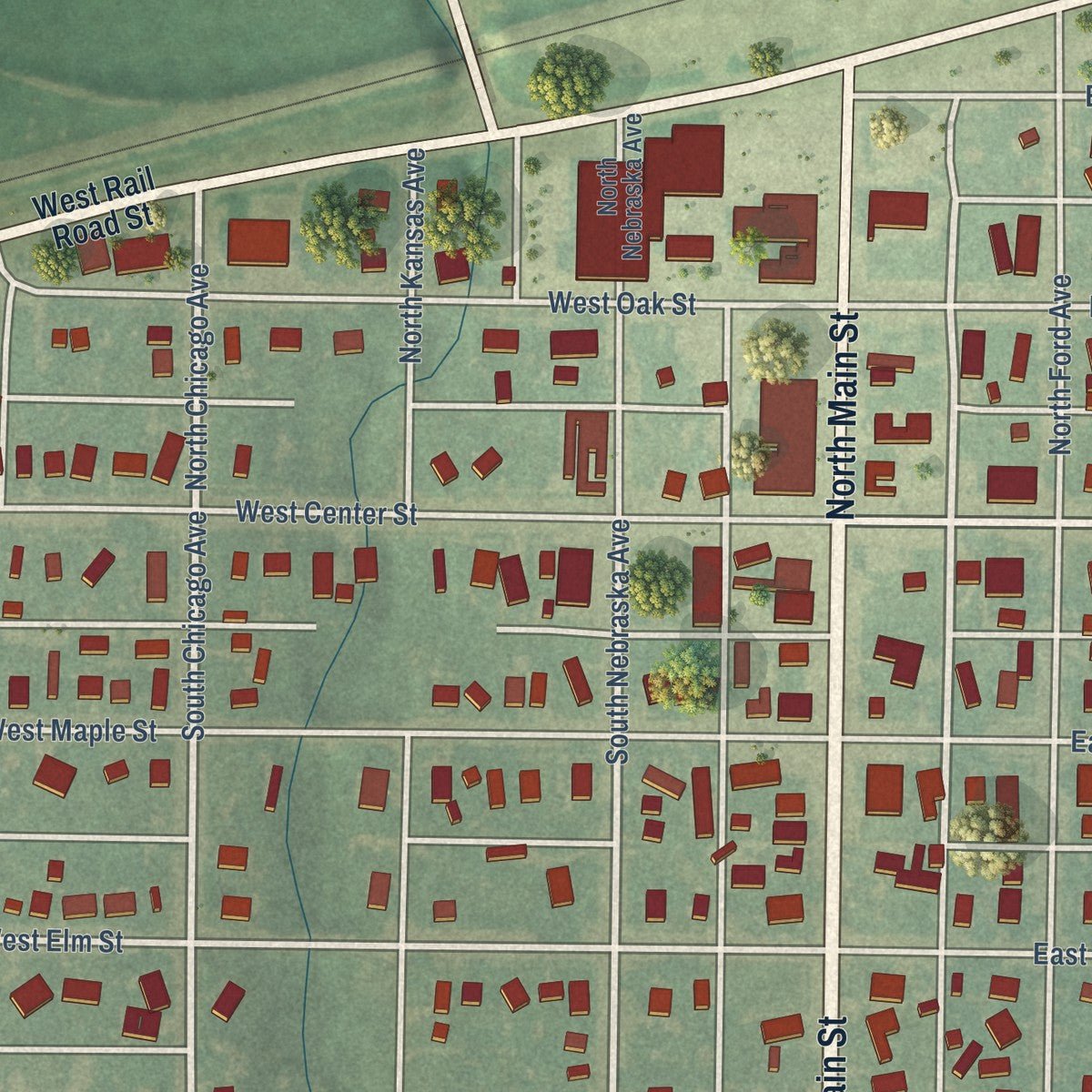Close-up of the map of Bucklin, Kansas print showing street and building detail