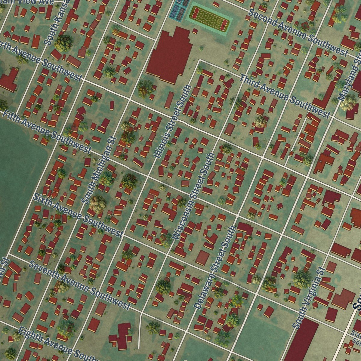 Close-up of the map of Conrad, Montana print showing street and building detail