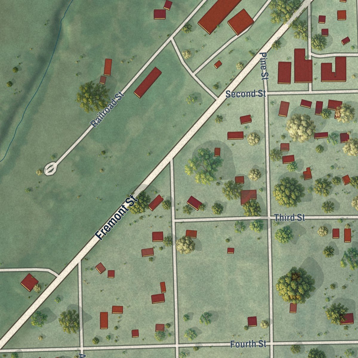 Close-up of the map of Bruno, Nebraska print showing street and building detail