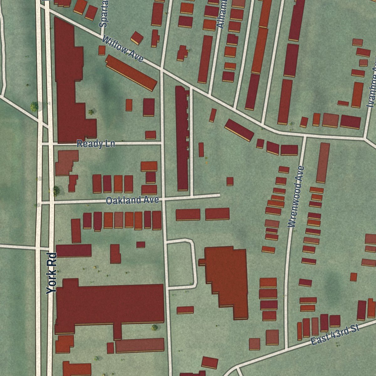 Close-up of the map of Wilson Park, Maryland print showing street and building detail