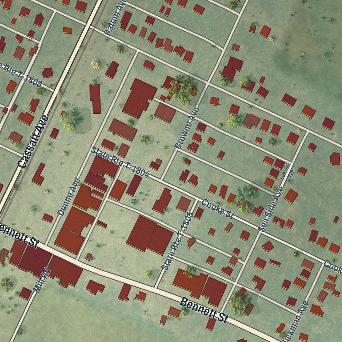 Close-up of the map of Parksley, Virginia print showing street and building detail