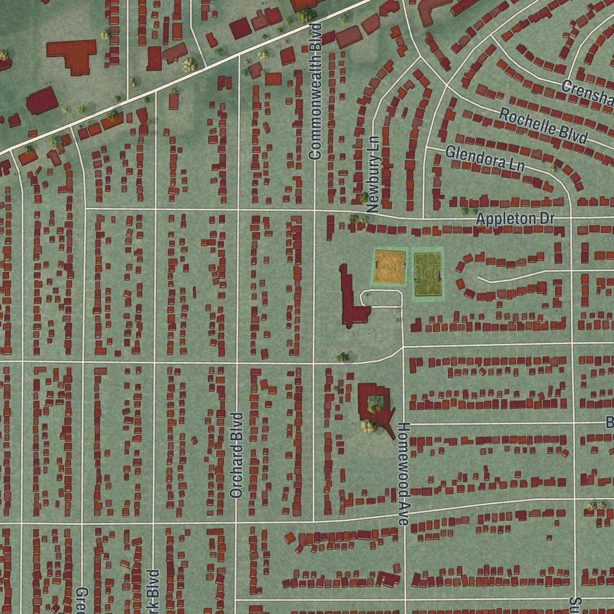 Close-up of the map of Parma Heights, Ohio print showing street and building detail