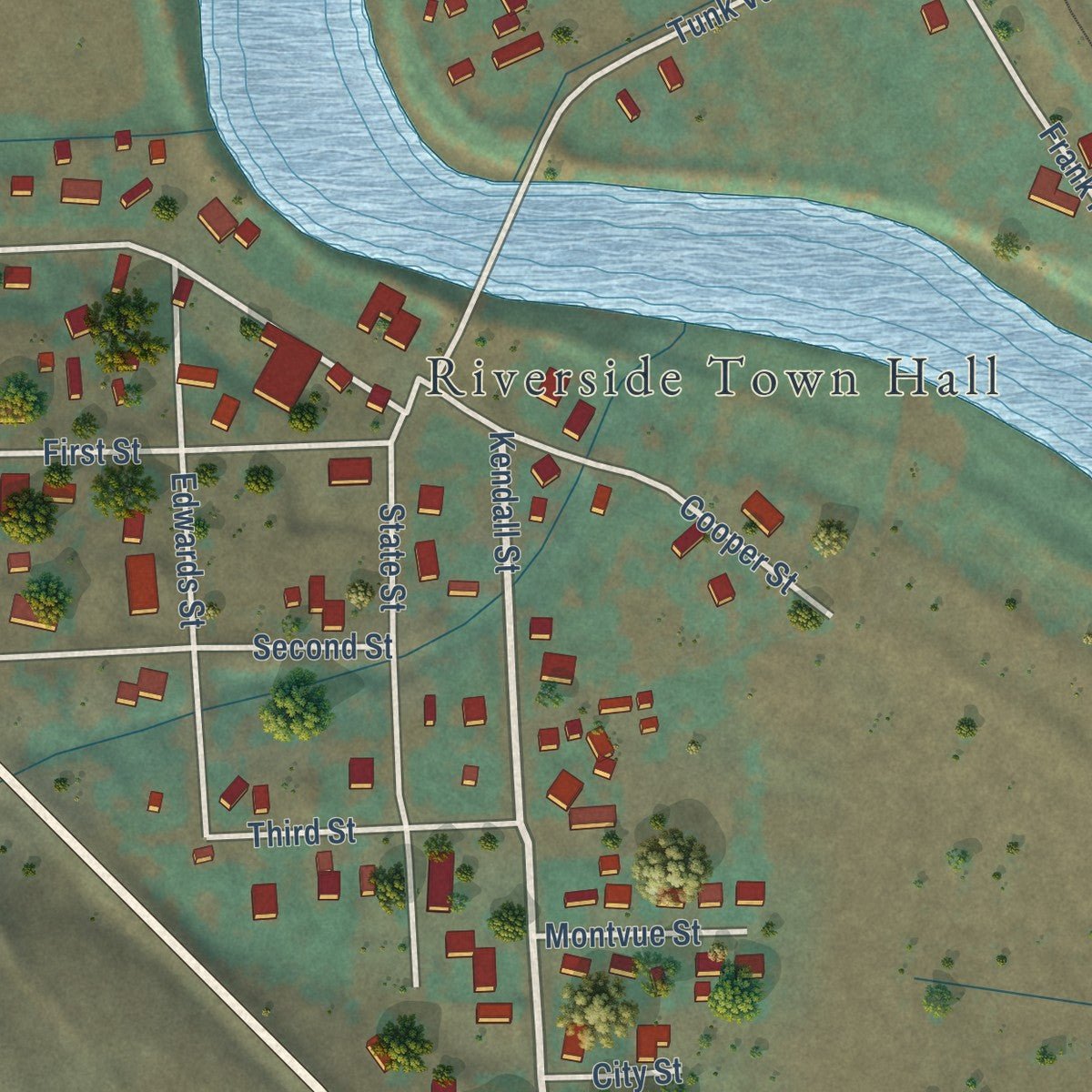 Close-up of the map of Riverside, Washington print showing street and building detail