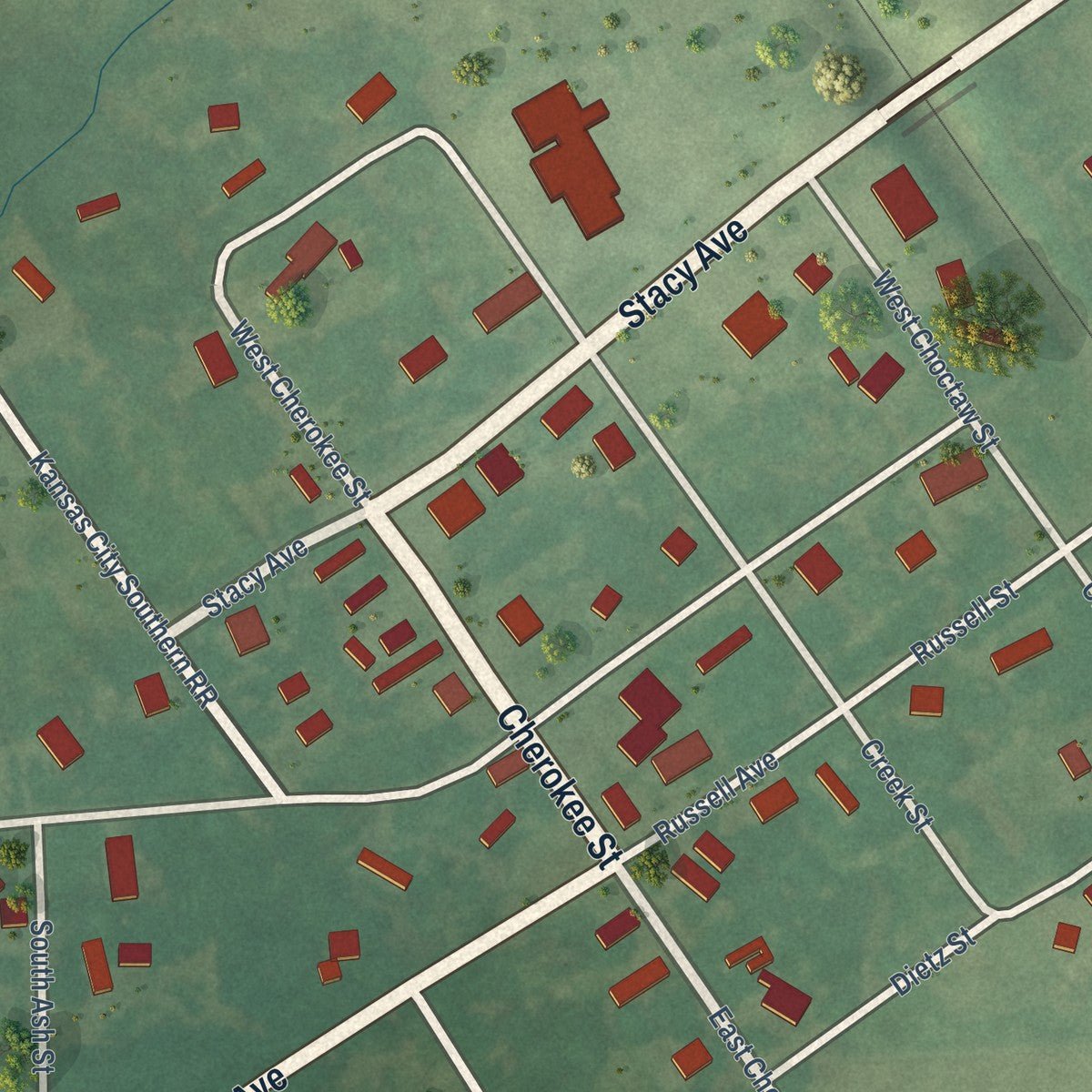Close-up of the map of Gans, Oklahoma print showing street and building detail