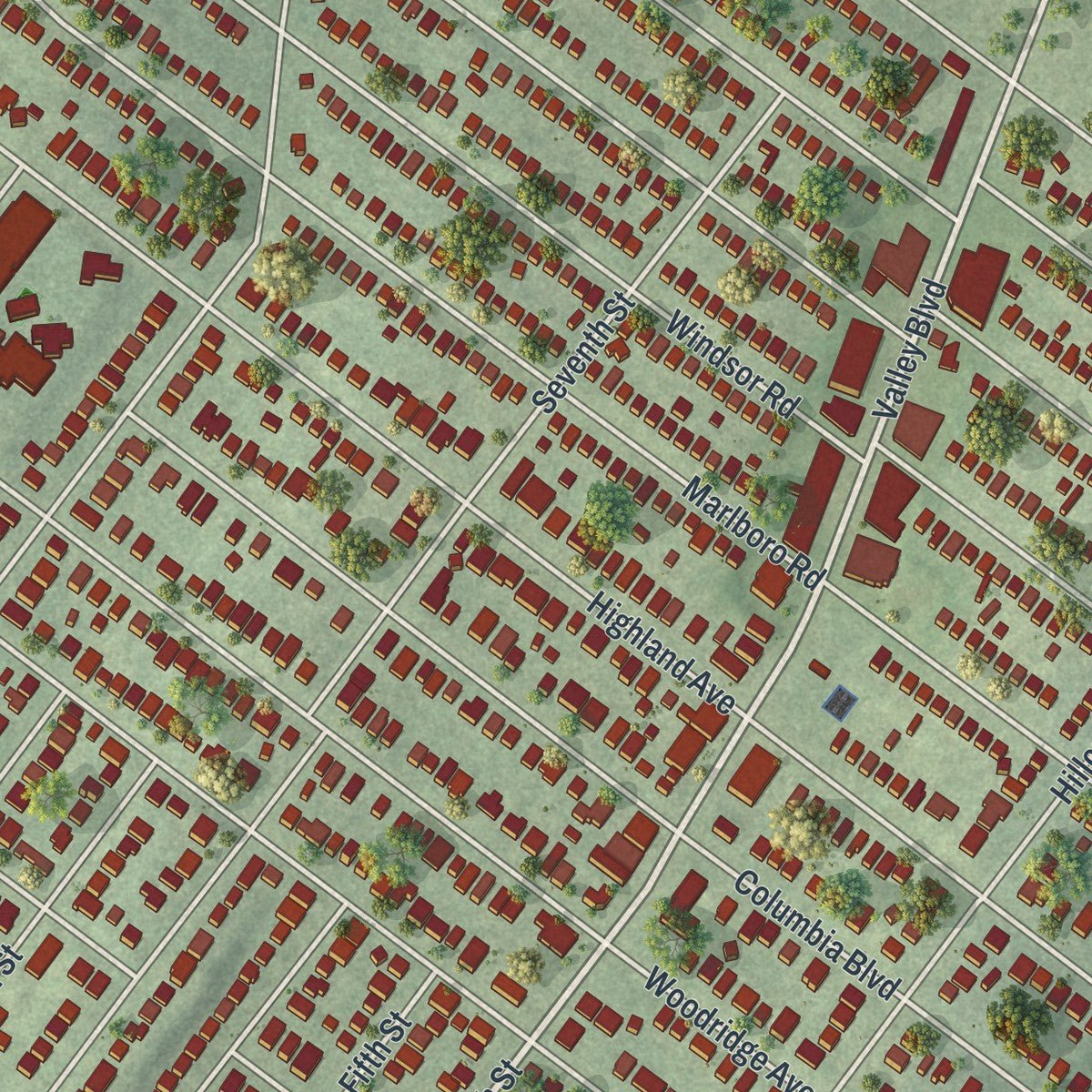 Close-up of the map of Wood-Ridge, New Jersey print showing street and building detail