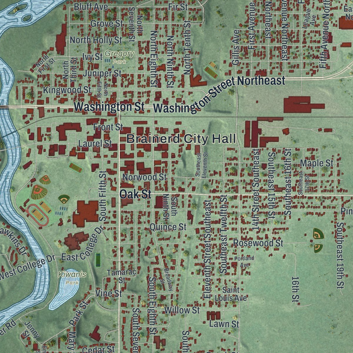 Close-up of the map of Brainerd, Minnesota print showing street and building detail