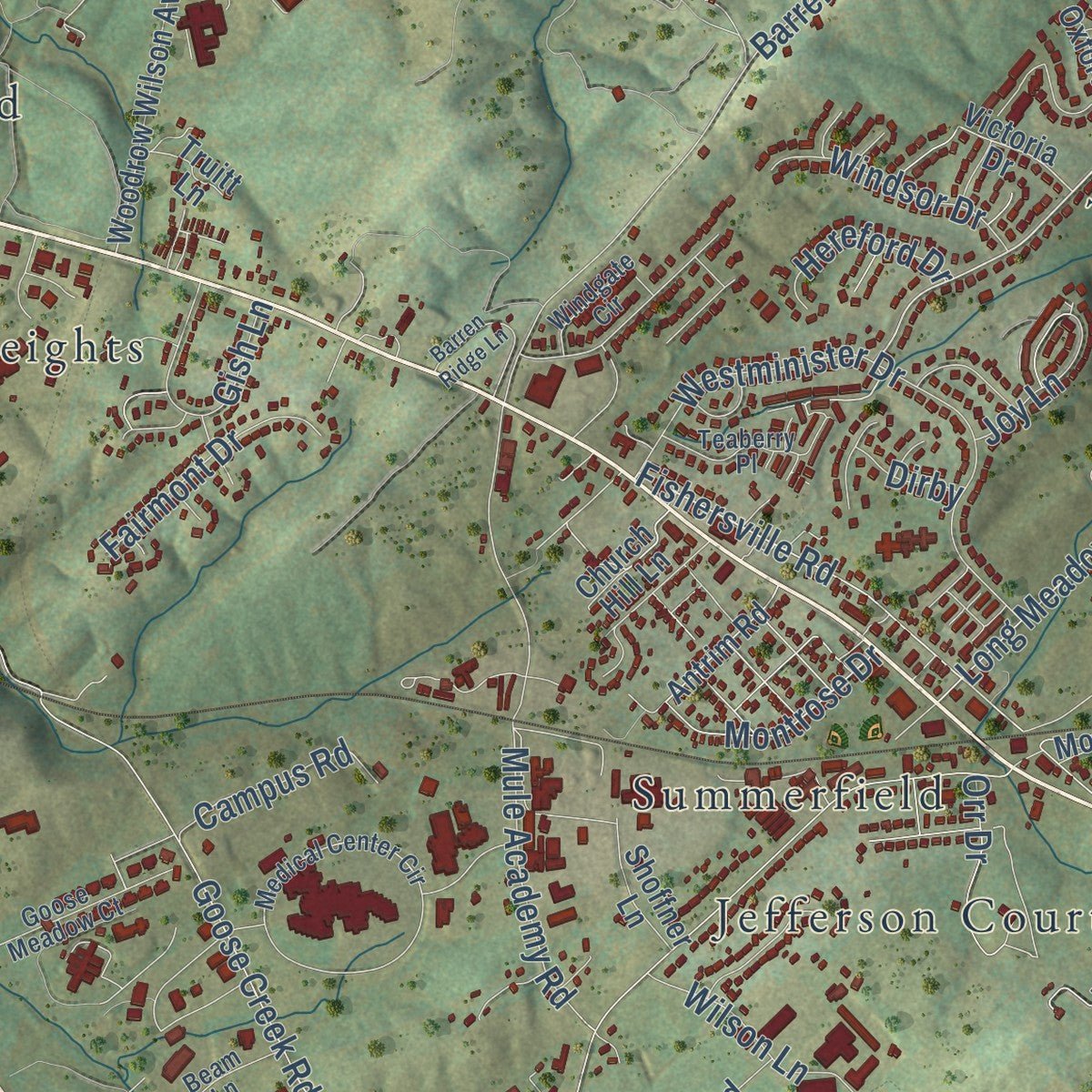 Close-up of the map of Fishersville, Virginia print showing street and building detail