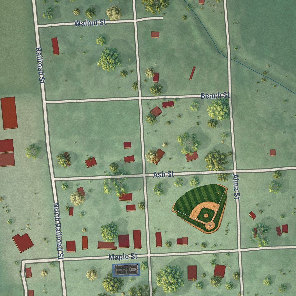 Close-up of the map of Oak, Nebraska print showing street and building detail