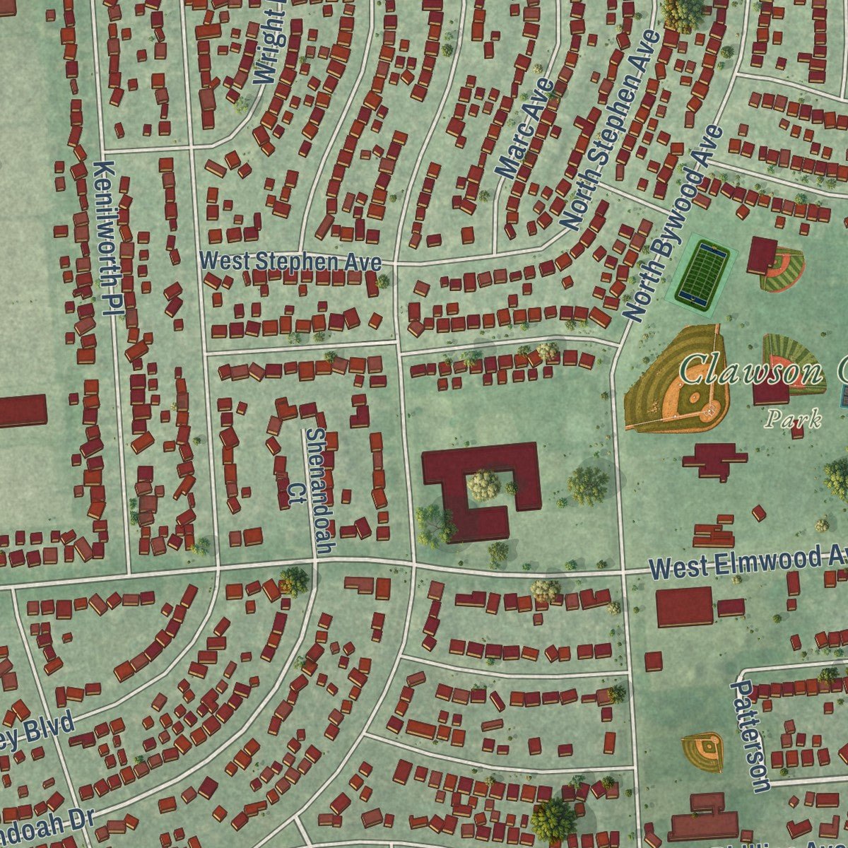 Close-up of the map of Clawson, Michigan print showing street and building detail