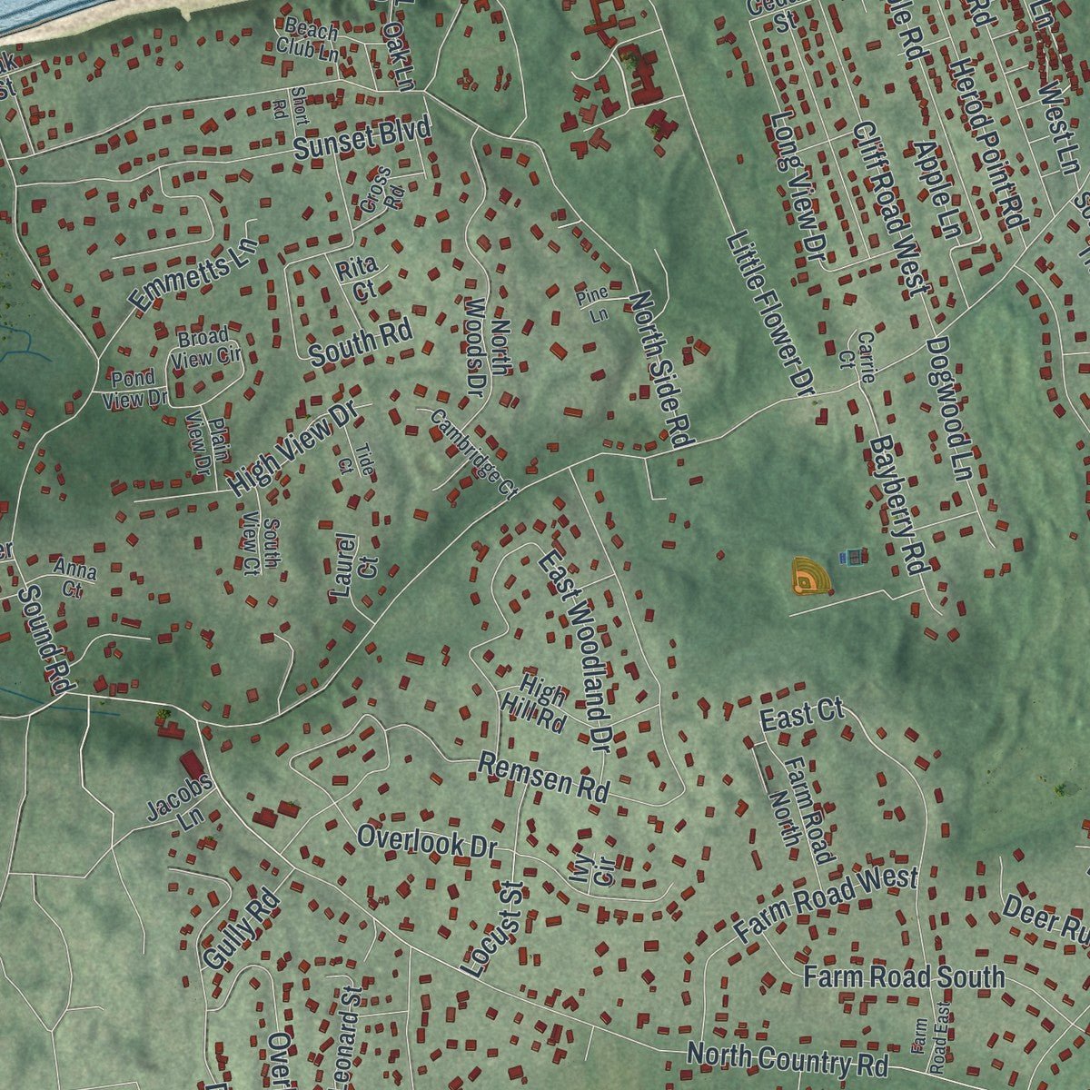 Close-up of the map of Wading River, New York print showing street and building detail