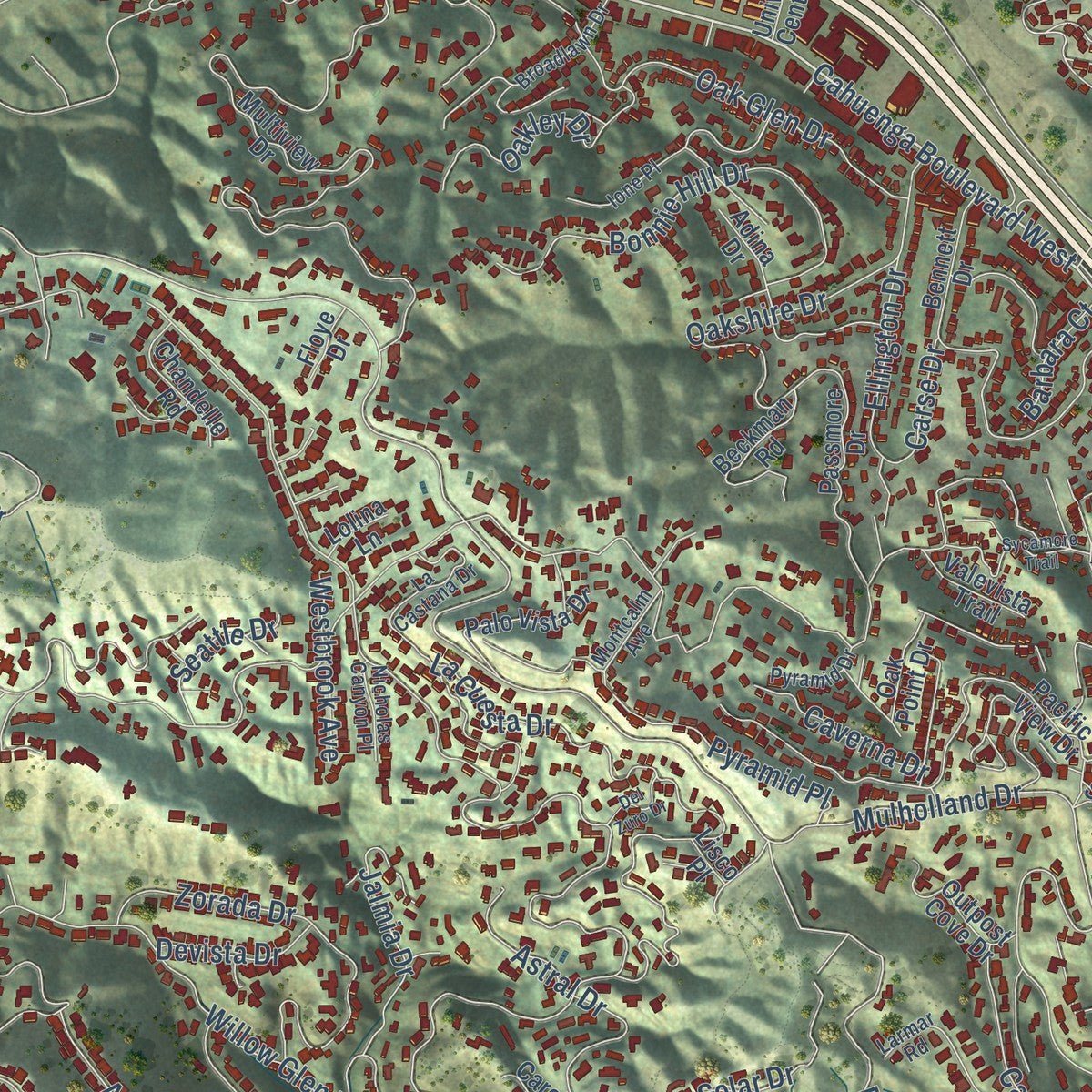 Close-up of the map of Hollywood Hills West, California print showing street and building detail