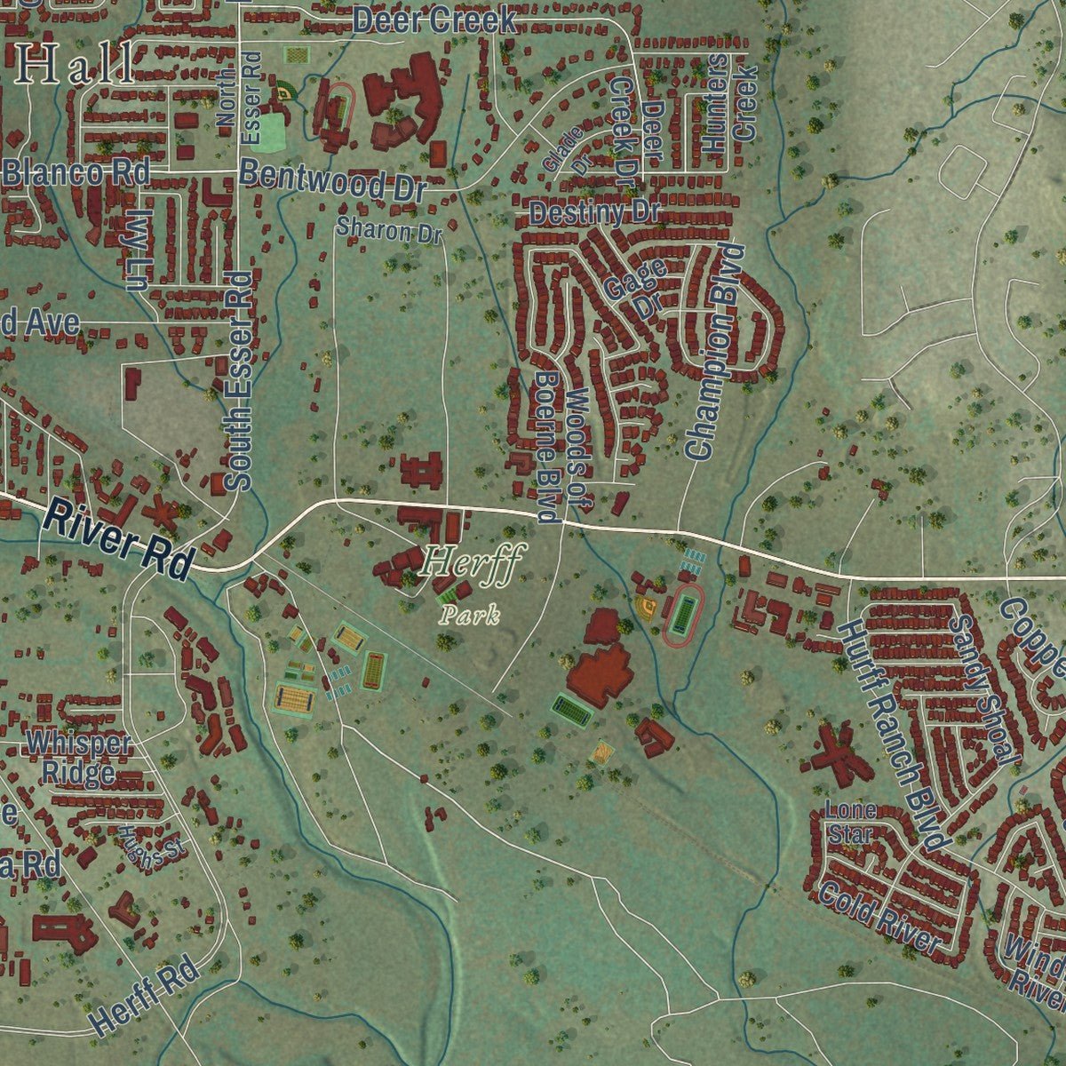 Close-up of the map of Boerne, Texas print showing street and building detail