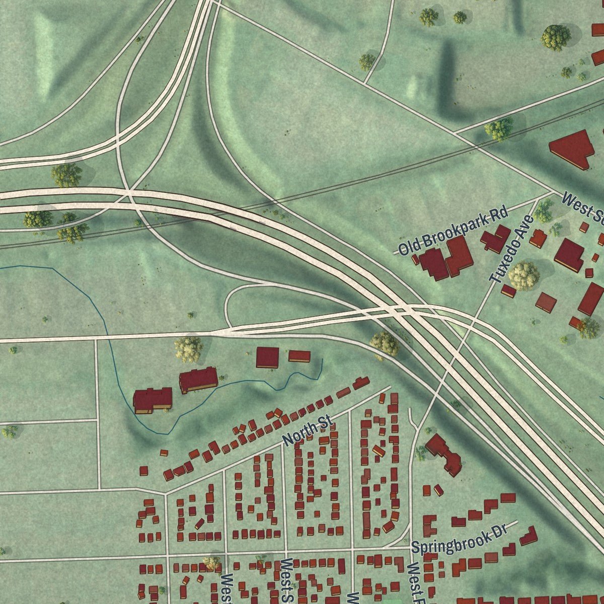 Close-up of the map of Brooklyn Heights, Ohio print showing street and building detail