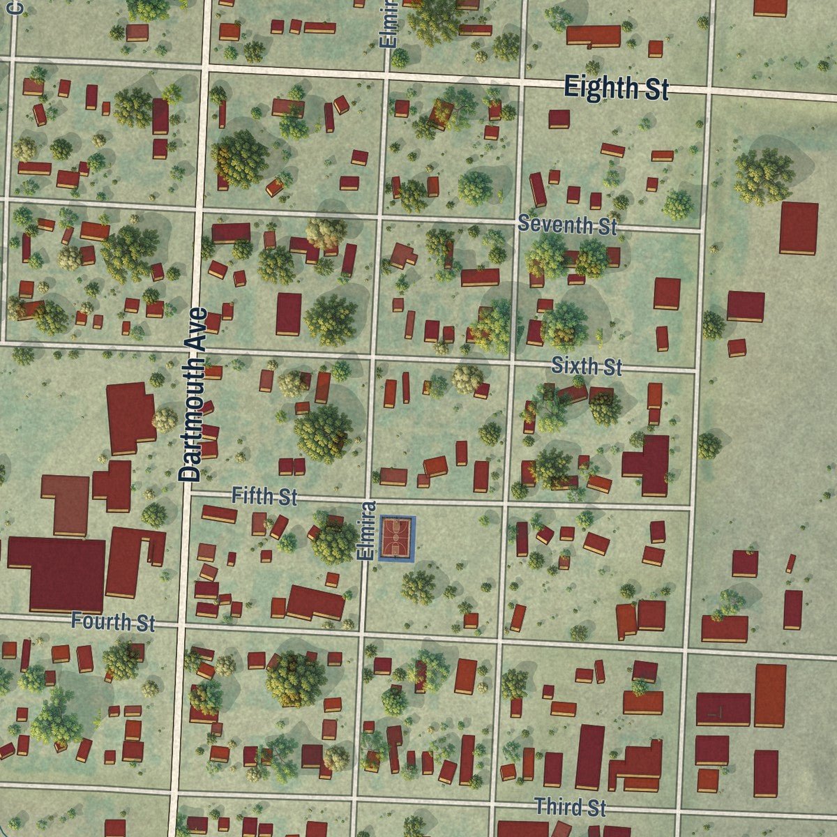 Close-up of the map of Newell, South Dakota print showing street and building detail