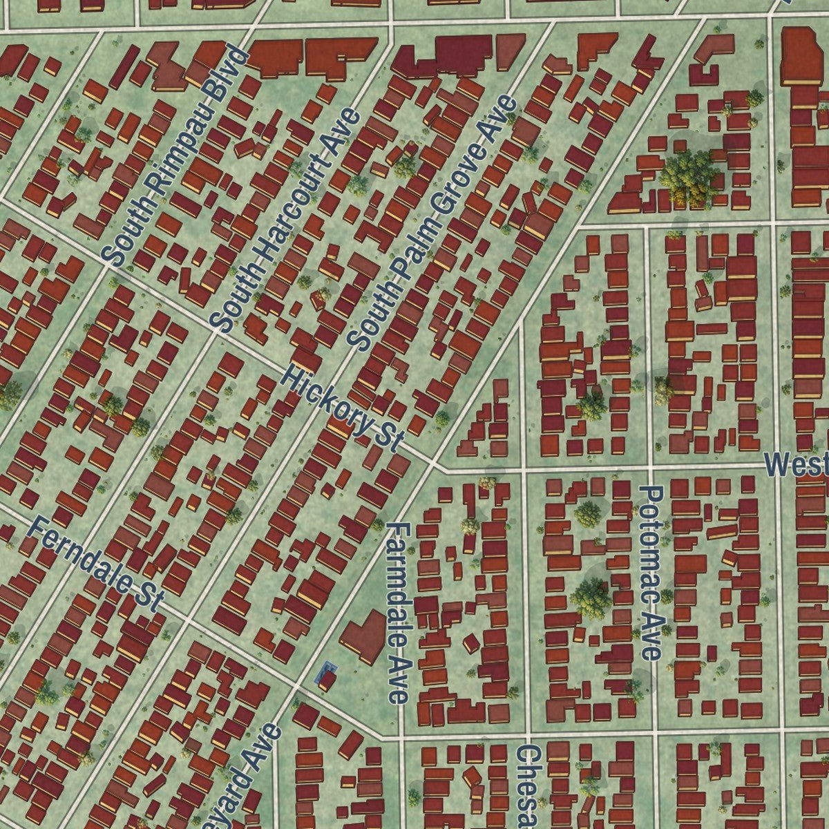 Close-up of the map of West Adams, California print showing street and building detail