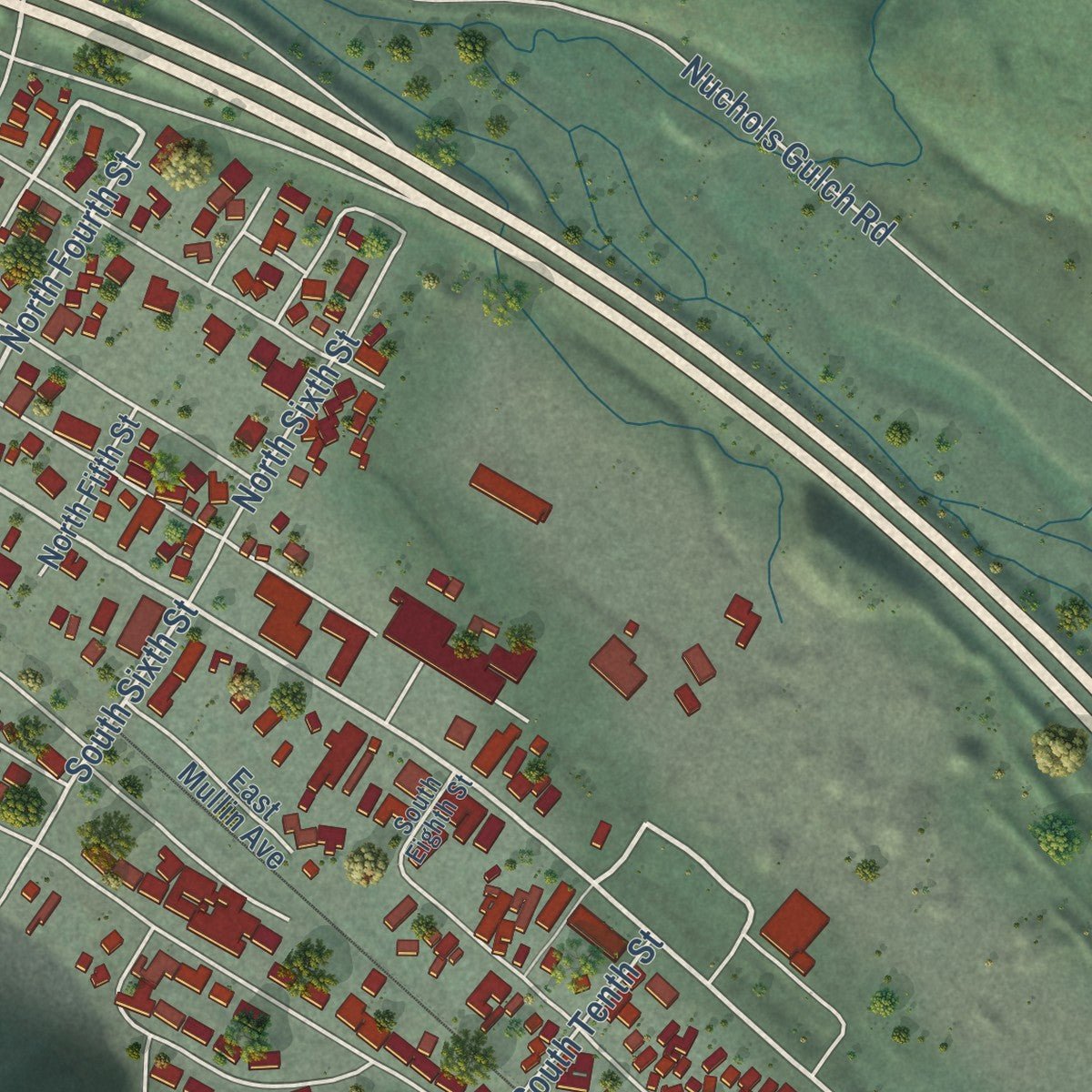 Close-up of the map of Osburn, Idaho print showing street and building detail