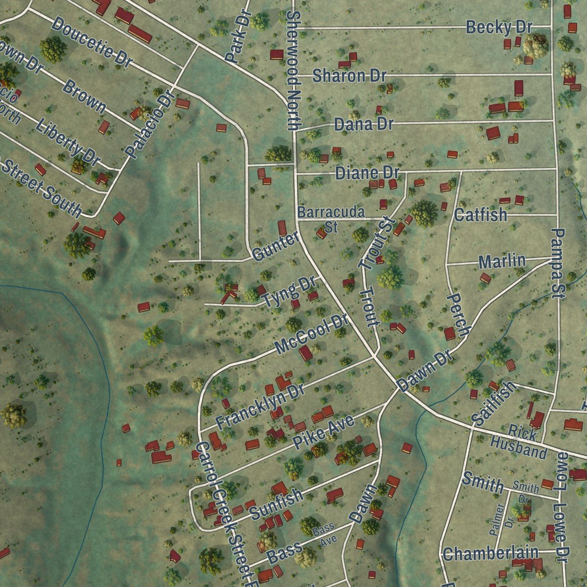 Close-up of the map of Howardwick, Texas print showing street and building detail