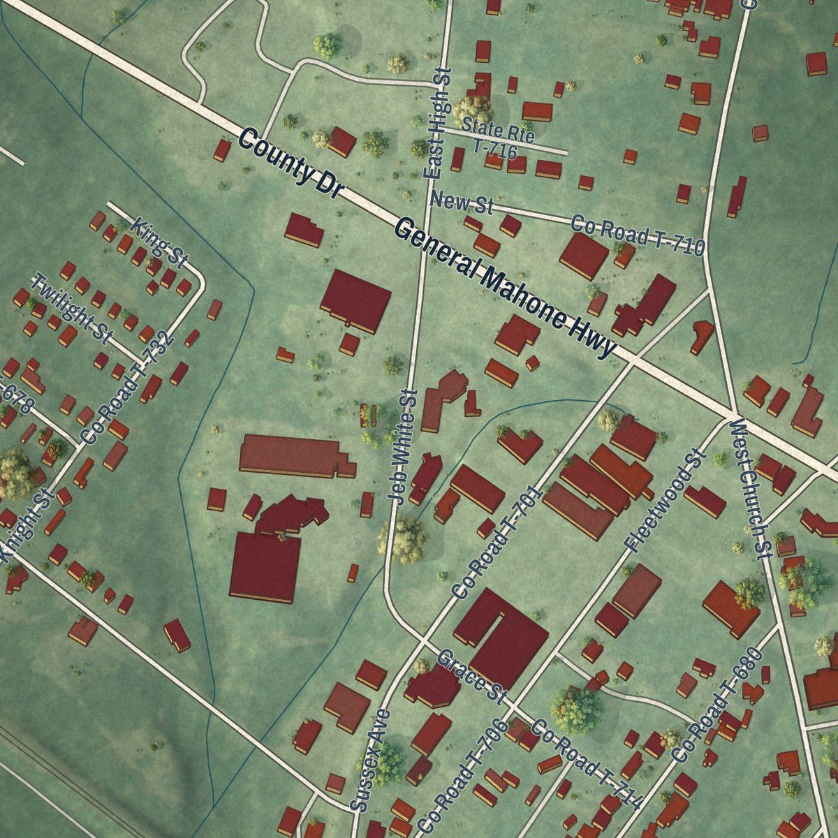 Close-up of the map of Wakefield, Virginia print showing street and building detail