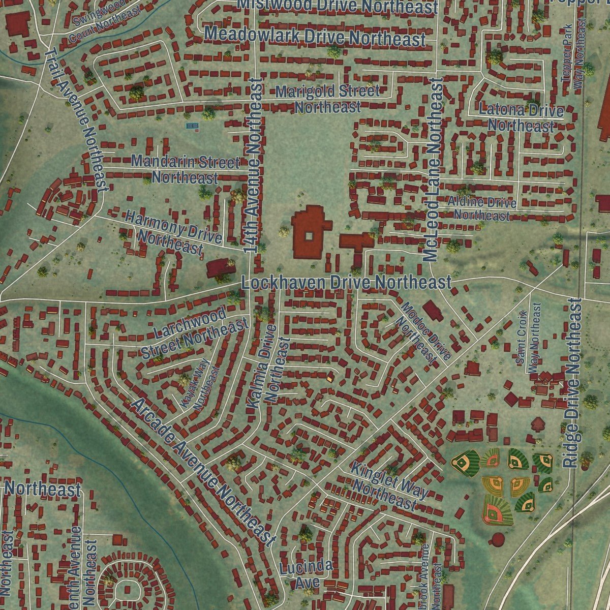 Close-up of the map of Keizer, Oregon print showing street and building detail