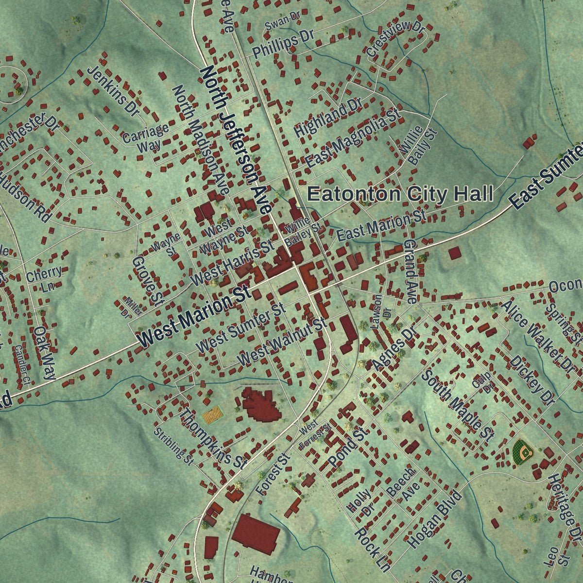 Close-up of the map of Eatonton, Georgia print showing street and building detail