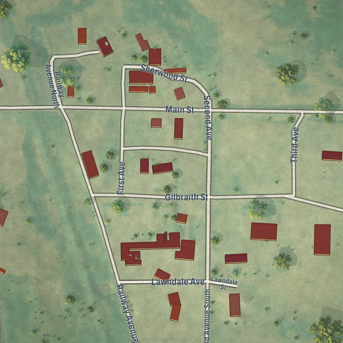 Close-up of the map of Loraine, North Dakota print showing street and building detail