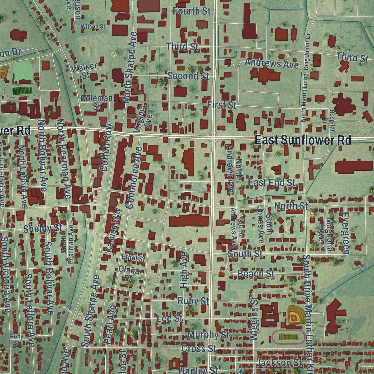 Close-up of the map of Cleveland, Mississippi print showing street and building detail