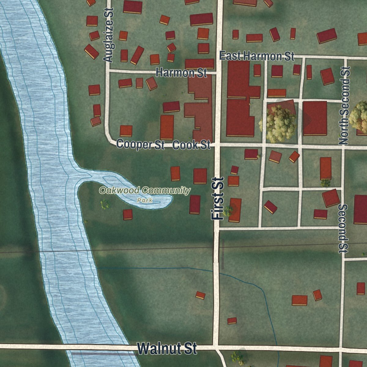 Close-up of the map of Oakwood, Paulding County, Ohio print showing street and building detail