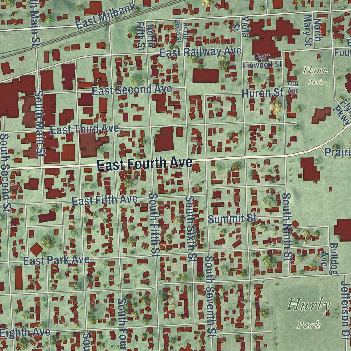 Close-up of the map of Milbank, South Dakota print showing street and building detail