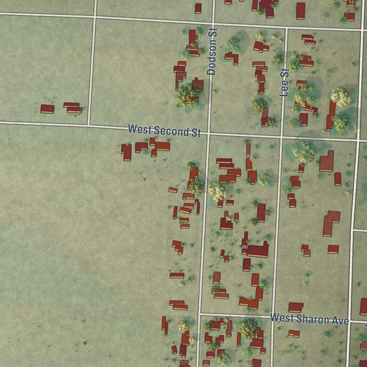 Close-up of the map of Dell City, Texas print showing street and building detail