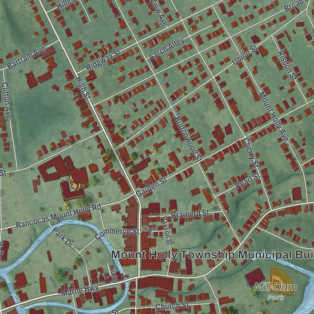 Close-up of the map of Mount Holly, New Jersey print showing street and building detail