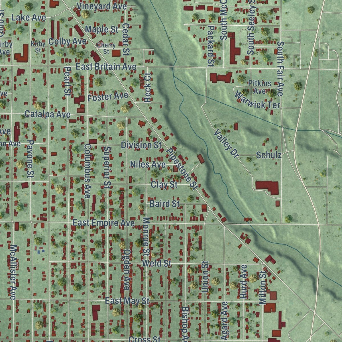 Close-up of the map of Benton Harbor, Michigan print showing street and building detail