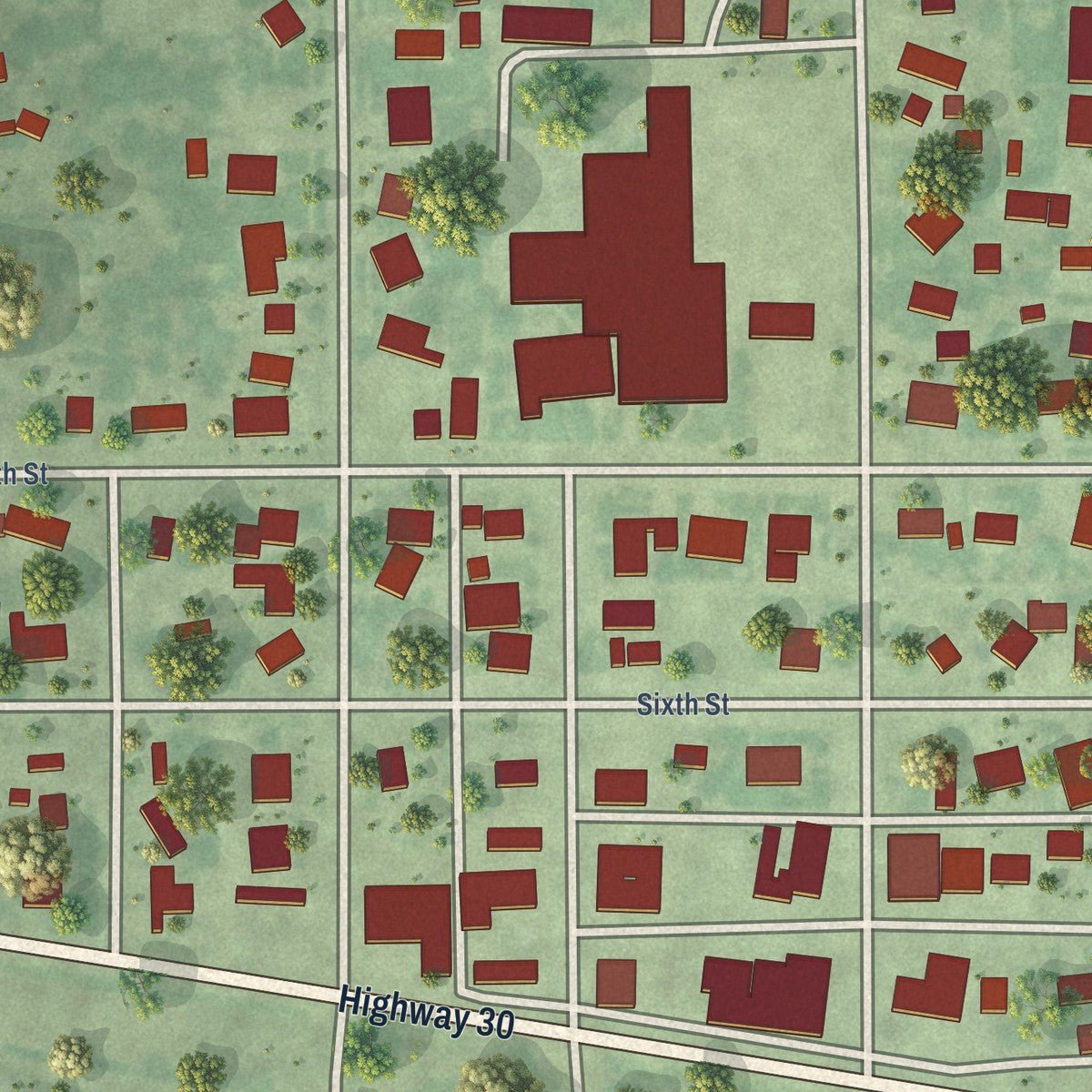 Close-up of the map of Overton, Nebraska print showing street and building detail