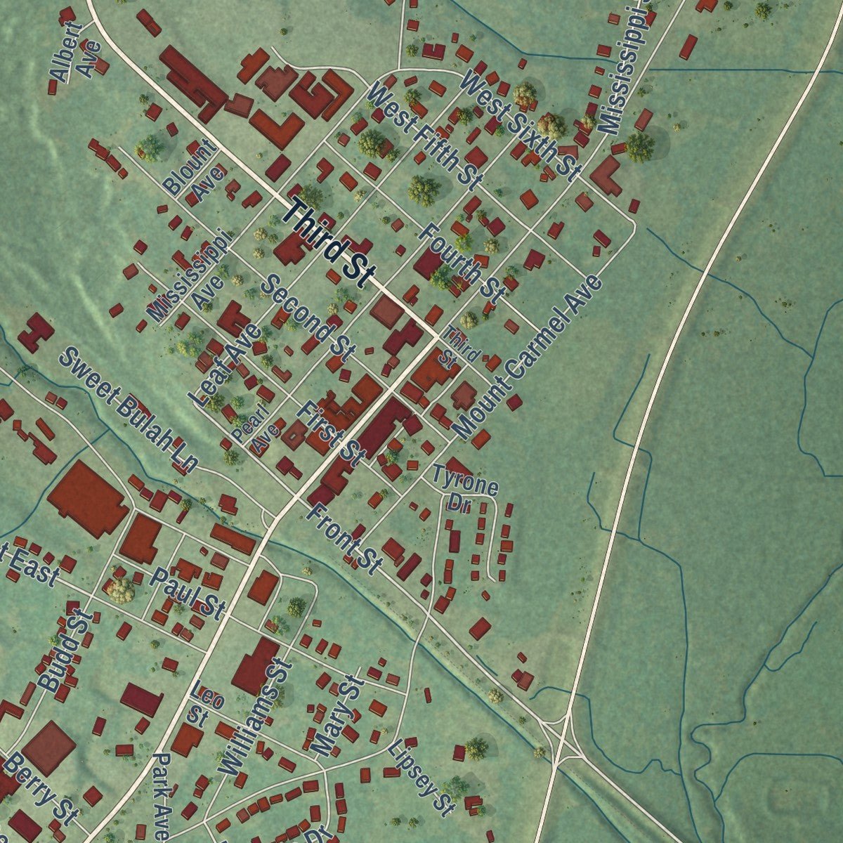 Close-up of the map of Prentiss, Mississippi print showing street and building detail
