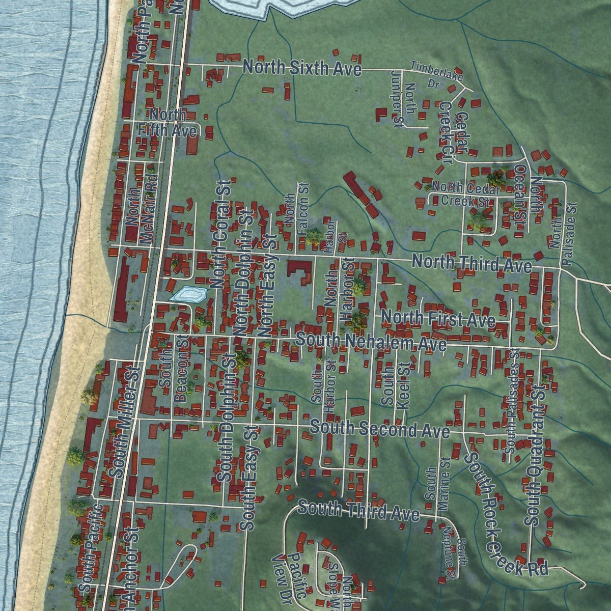 Close-up of the map of Rockaway Beach, Oregon print showing street and building detail