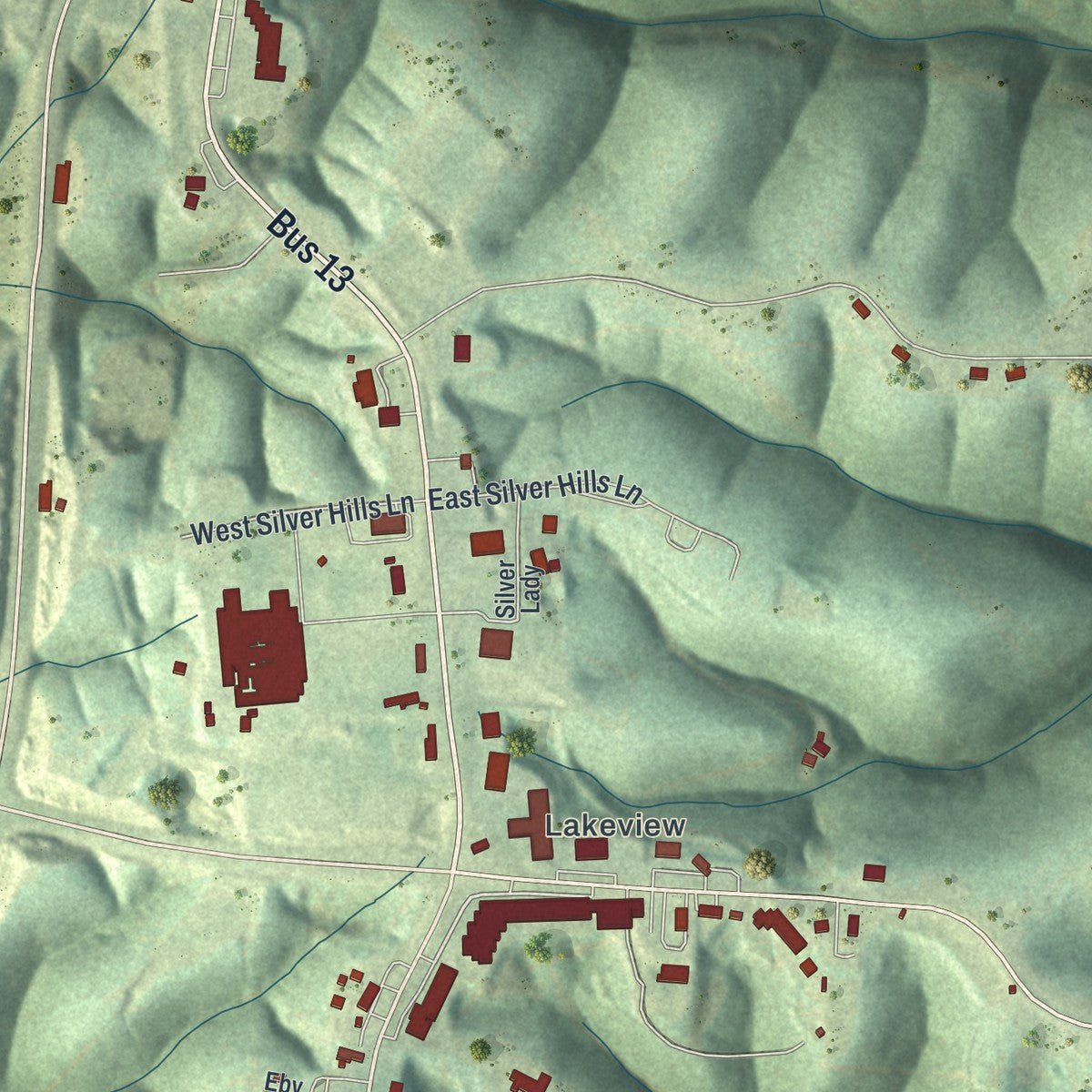 Close-up of the map of Branson West, Missouri print showing street and building detail