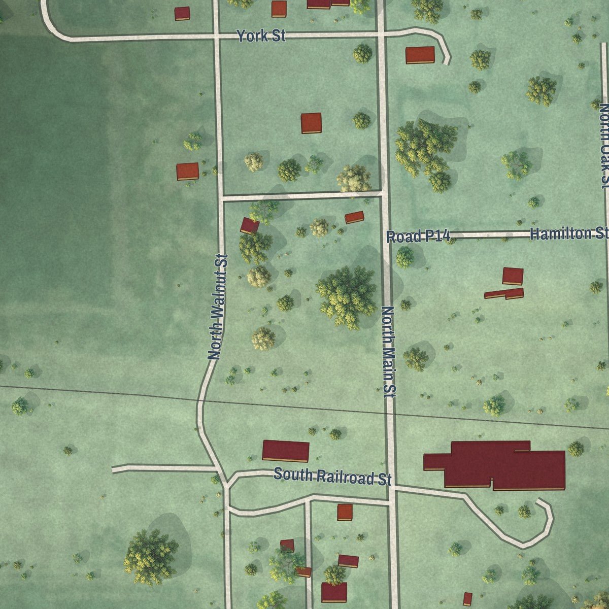 Close-up of the map of Saronville, Nebraska print showing street and building detail