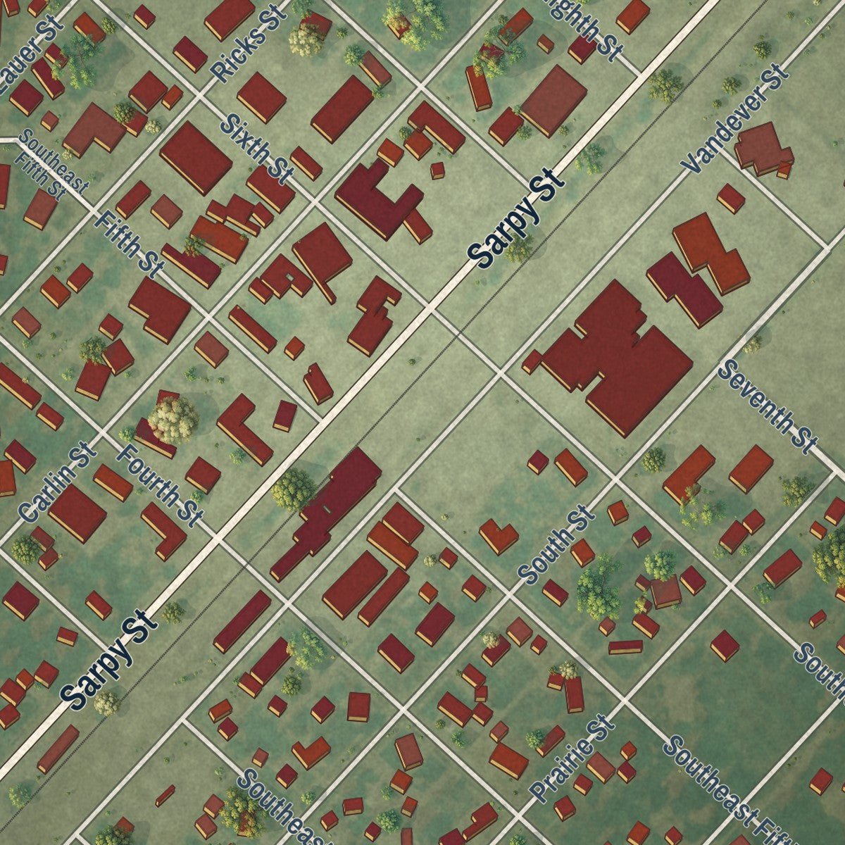 Close-up of the map of Morrisonville, Illinois print showing street and building detail