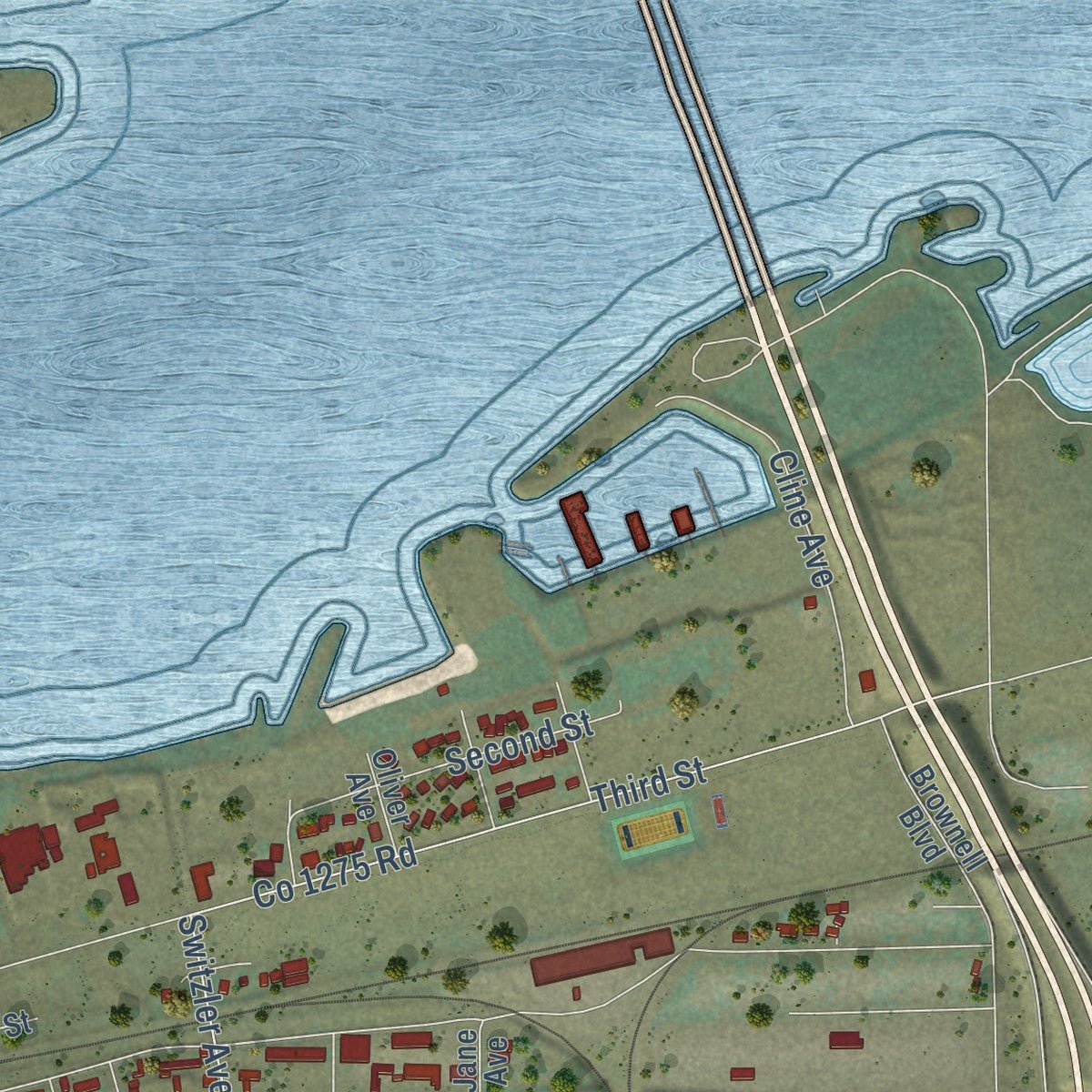 Close-up of the map of Umatilla, Oregon print showing street and building detail