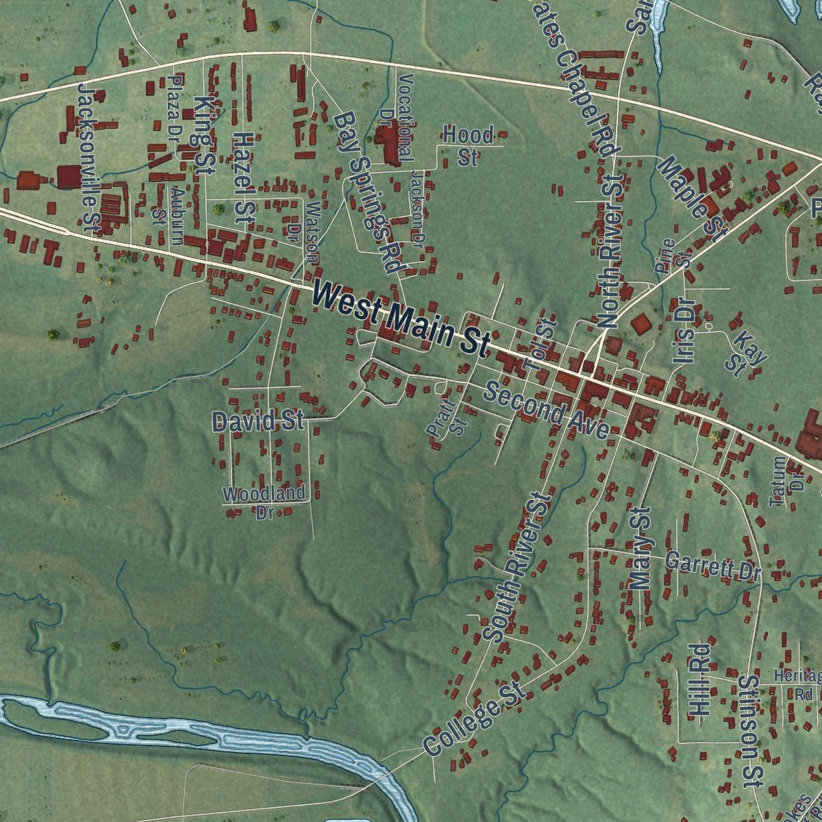 Close-up of the map of Centre, Alabama print showing street and building detail
