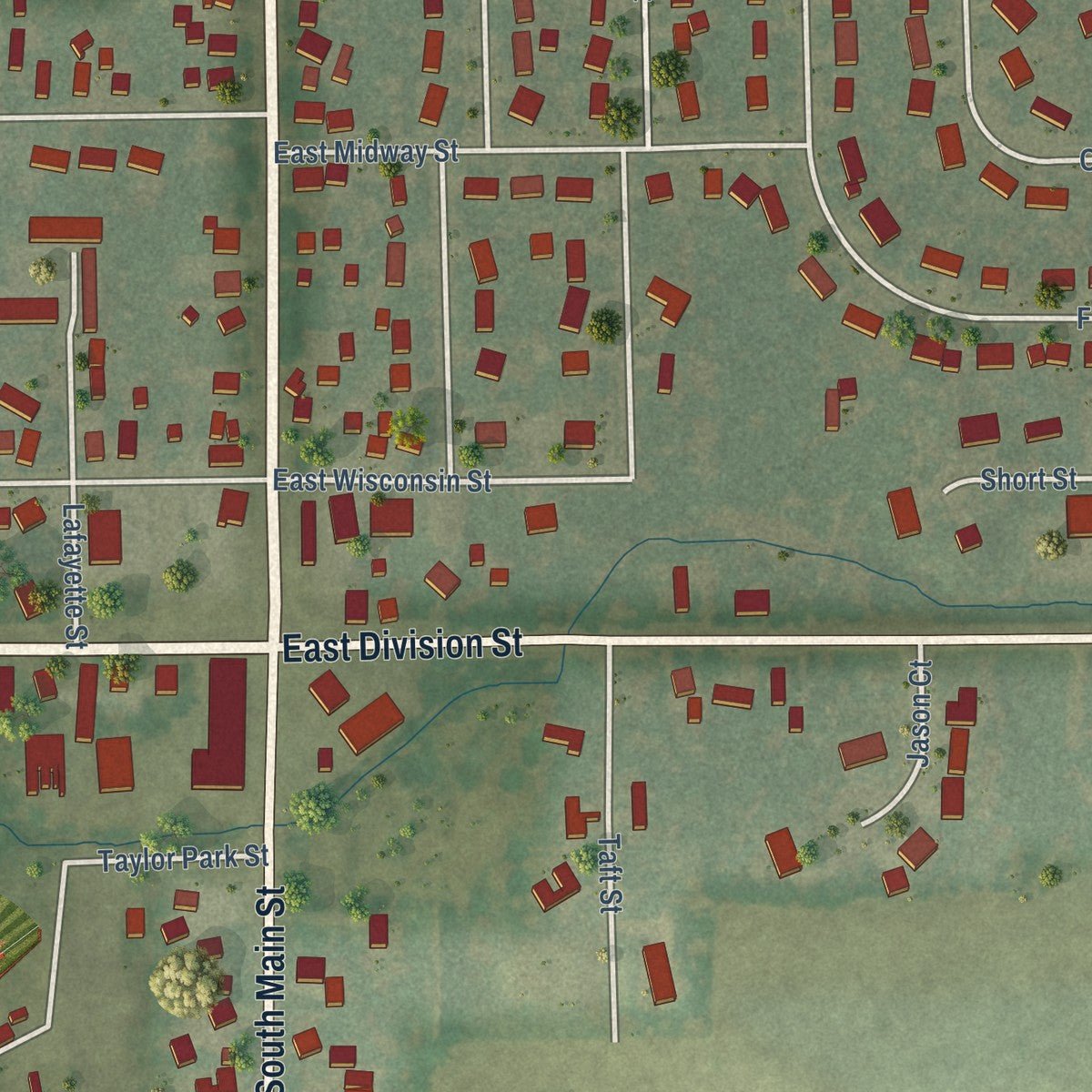Close-up of the map of Rosendale, Wisconsin print showing street and building detail